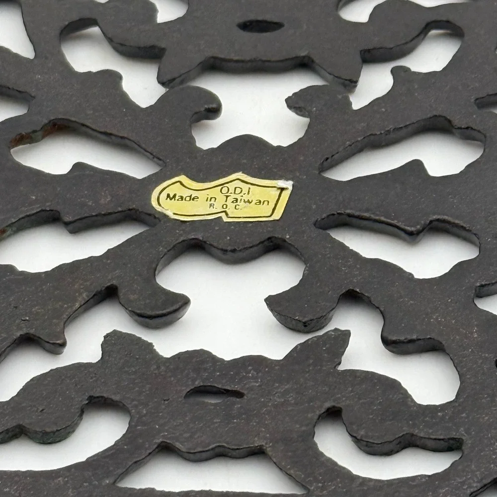 Vintage ODI Cast Iron Trivet Copper Plated Oval Ornate Filigree Scrollwork 9in